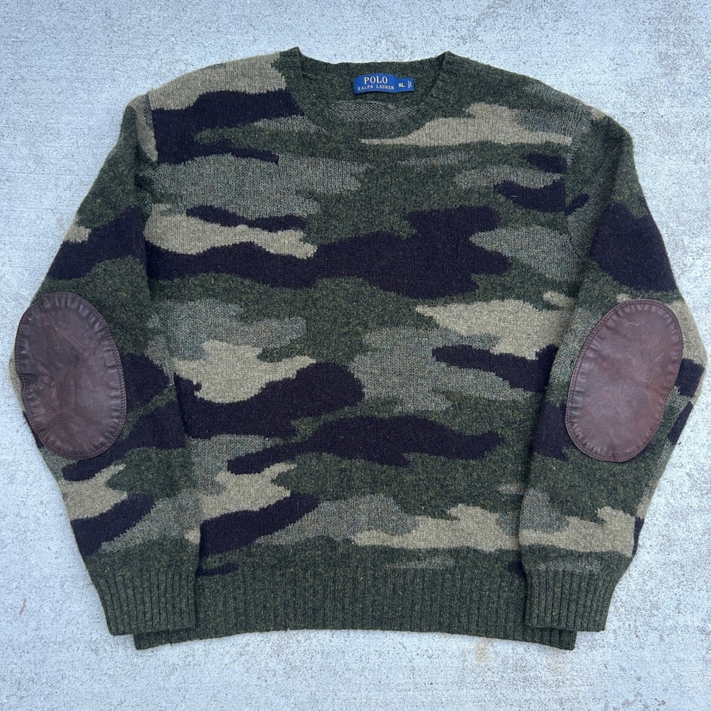 Polo Ralph Lauren XL Camo Sweater Leather Elbow Patches Wool Blend Crewneck XL